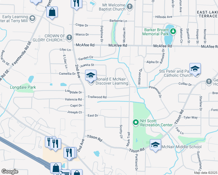 map of restaurants, bars, coffee shops, grocery stores, and more near 2152 Juanita Street in Decatur