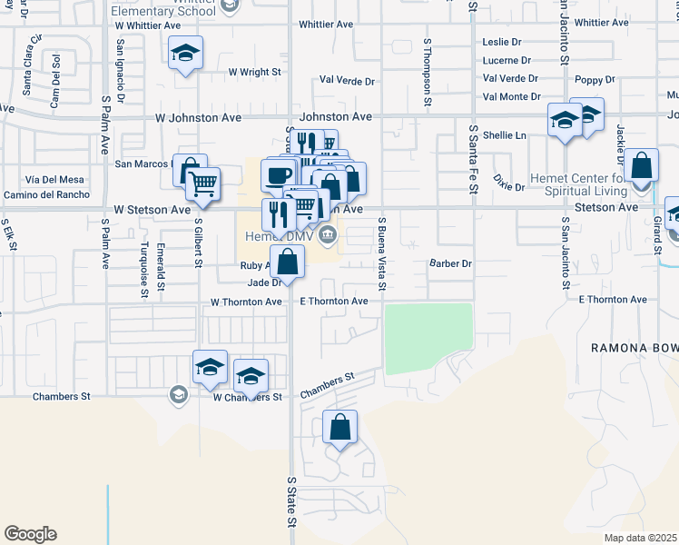 map of restaurants, bars, coffee shops, grocery stores, and more near 305 King Court in Hemet