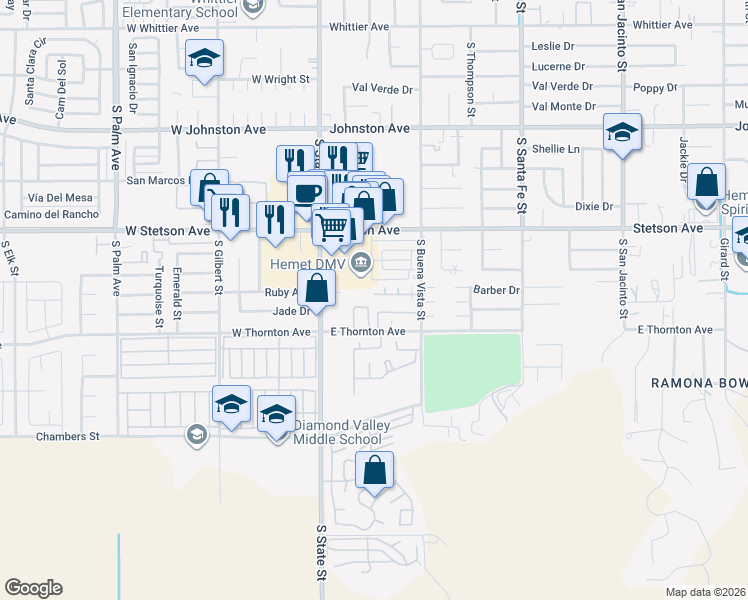 map of restaurants, bars, coffee shops, grocery stores, and more near 305 King Court in Hemet