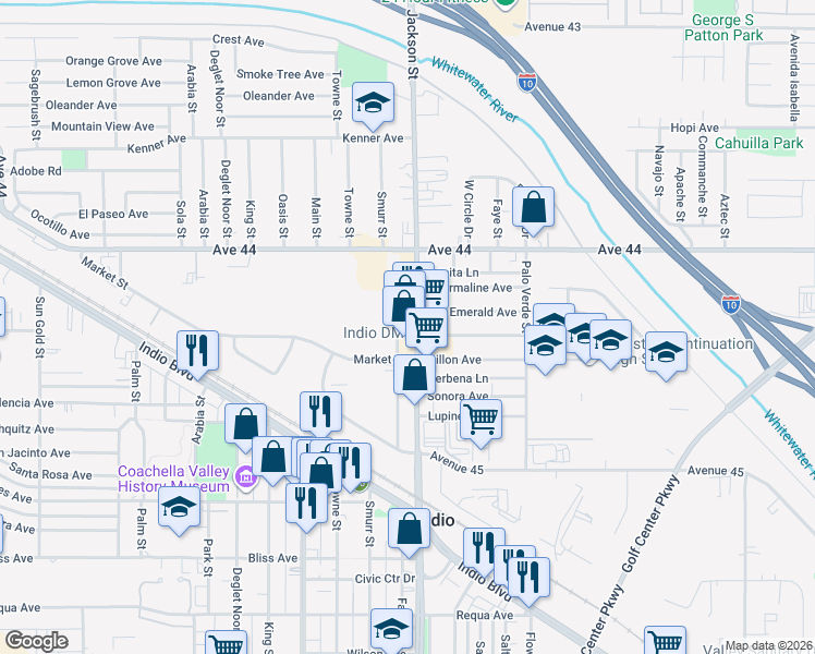 map of restaurants, bars, coffee shops, grocery stores, and more near 44281 Jackson Street in Indio