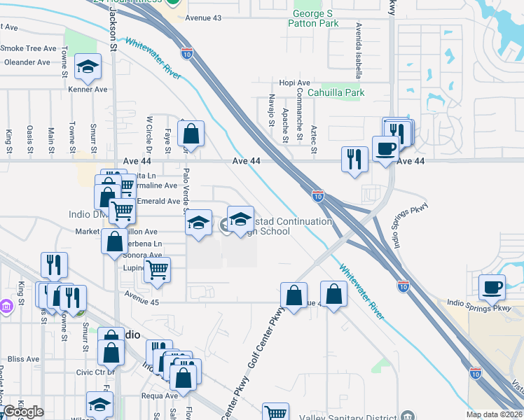 map of restaurants, bars, coffee shops, grocery stores, and more near 83518 Tourmaline Avenue in Indio