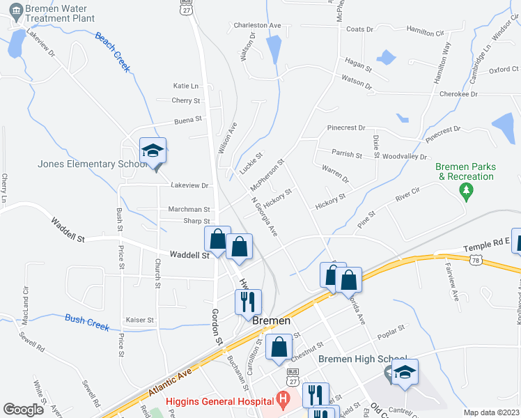 map of restaurants, bars, coffee shops, grocery stores, and more near North Georgia Avenue in Bremen