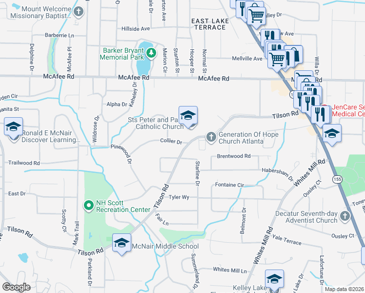 map of restaurants, bars, coffee shops, grocery stores, and more near 2360 Collier Drive in Decatur