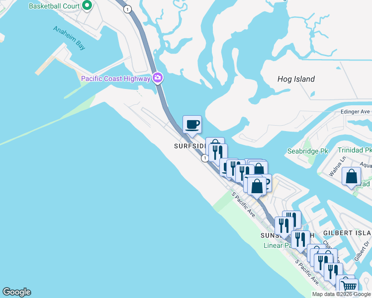 map of restaurants, bars, coffee shops, grocery stores, and more near 64 Surfside Avenue in Huntington Beach