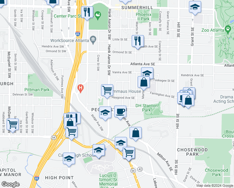 map of restaurants, bars, coffee shops, grocery stores, and more near 1010 Dunning Street Southeast in Atlanta