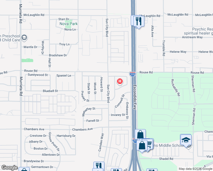 map of restaurants, bars, coffee shops, grocery stores, and more near 28373 Sun City Boulevard in Menifee