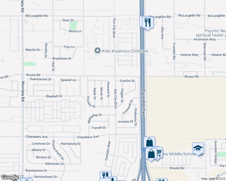 map of restaurants, bars, coffee shops, grocery stores, and more near 28373 Sun City Boulevard in Menifee
