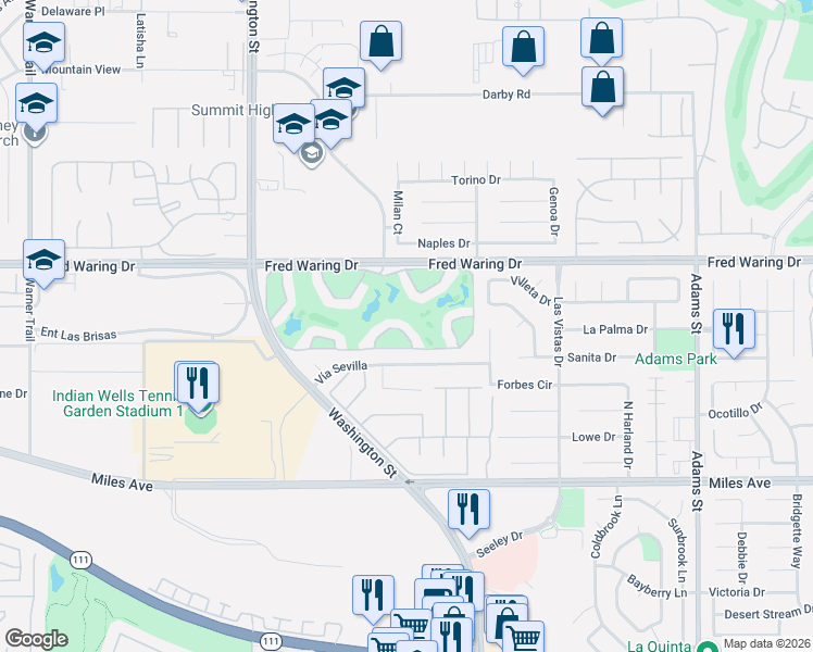 map of restaurants, bars, coffee shops, grocery stores, and more near 78313 Scarlet Court in La Quinta