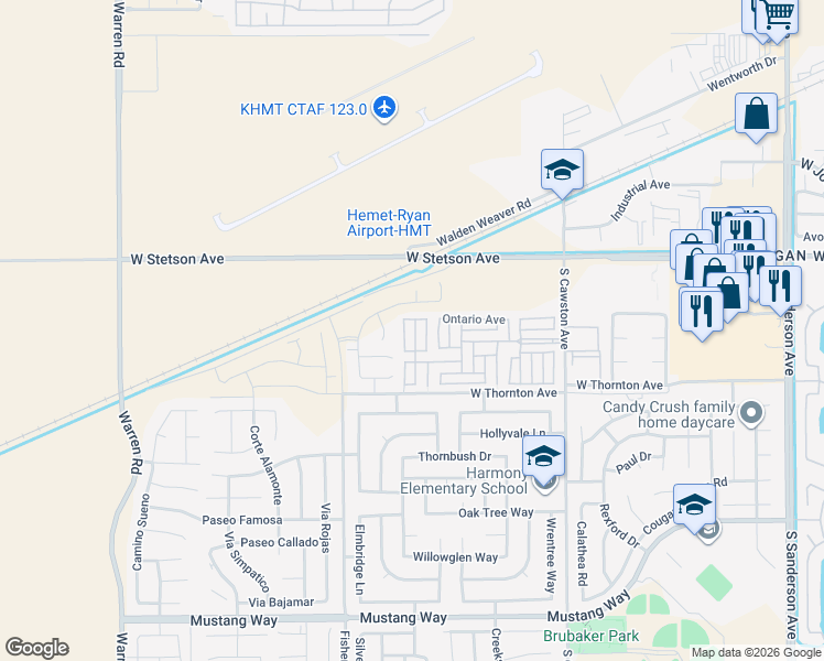 map of restaurants, bars, coffee shops, grocery stores, and more near 1295 South Cawston Avenue in Hemet