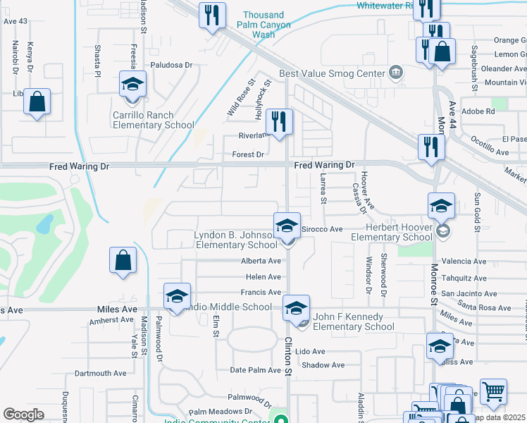 map of restaurants, bars, coffee shops, grocery stores, and more near 81412 Avenida Romero in Indio