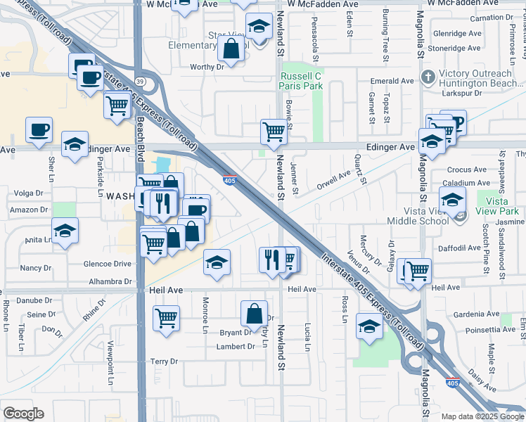 map of restaurants, bars, coffee shops, grocery stores, and more near 16001-16337 Newland St in Westminster