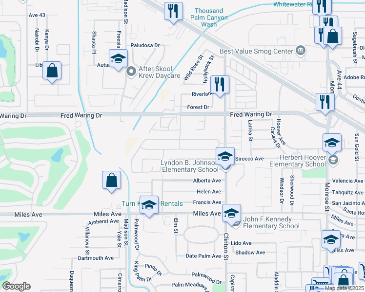 map of restaurants, bars, coffee shops, grocery stores, and more near 81236 Avenida Gonzalez in Indio
