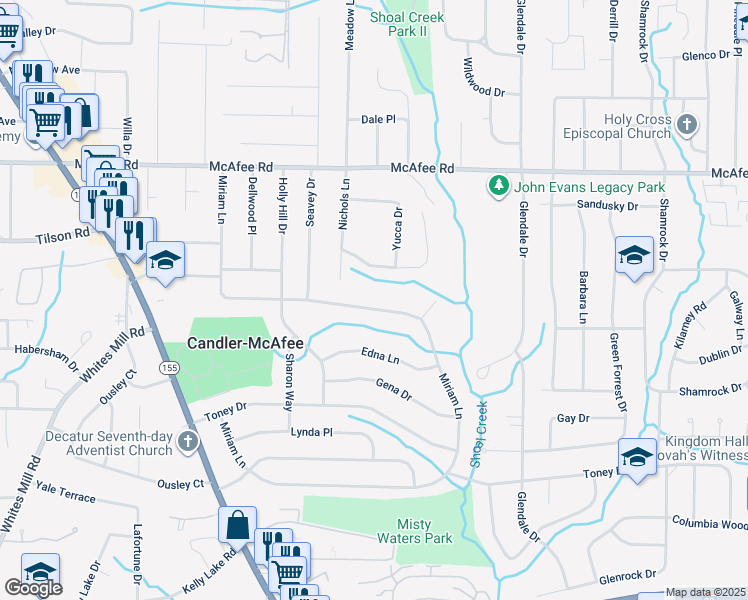 map of restaurants, bars, coffee shops, grocery stores, and more near 2310 Miriam Lane in Decatur