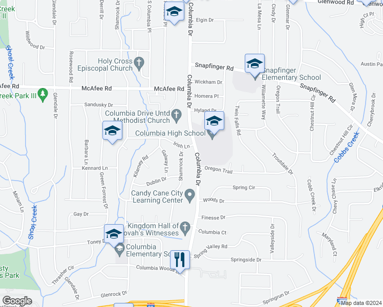 map of restaurants, bars, coffee shops, grocery stores, and more near 2131 Columbia Drive in Decatur