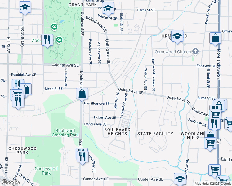 map of restaurants, bars, coffee shops, grocery stores, and more near 1003 Edie Avenue Southeast in Atlanta