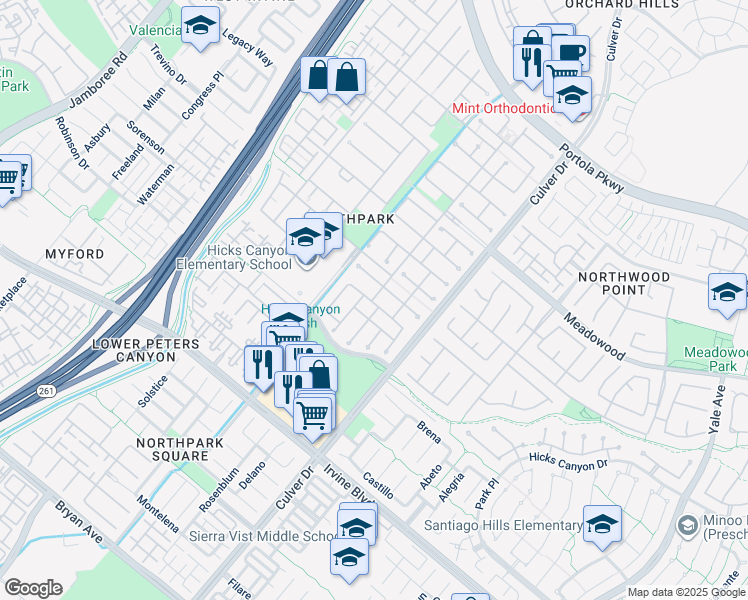 map of restaurants, bars, coffee shops, grocery stores, and more near 0 Grass Valley in Irvine