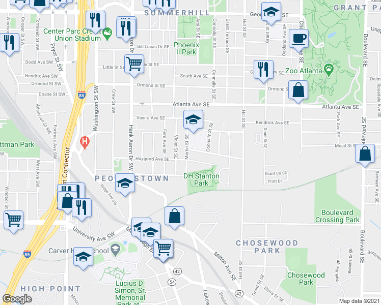 map of restaurants, bars, coffee shops, grocery stores, and more near 1006 Martin Street Southeast in Atlanta