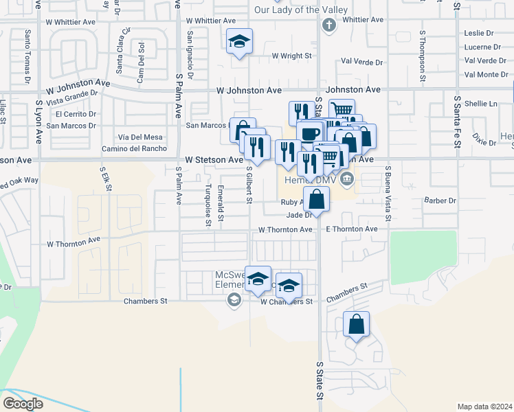 map of restaurants, bars, coffee shops, grocery stores, and more near 465 Ruby Avenue in Hemet