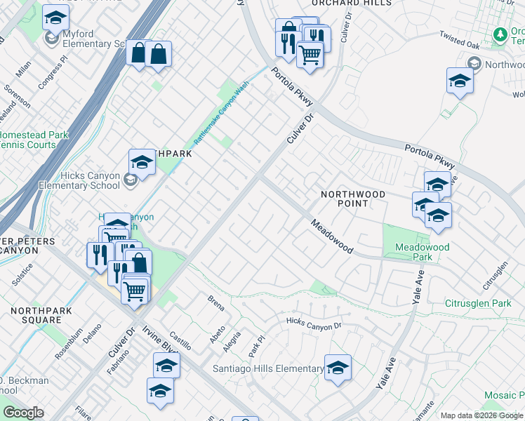 map of restaurants, bars, coffee shops, grocery stores, and more near in Irvine