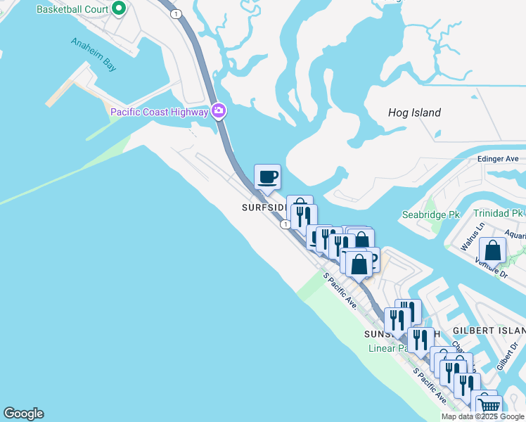 map of restaurants, bars, coffee shops, grocery stores, and more near 2 Surfside Avenue in Seal Beach