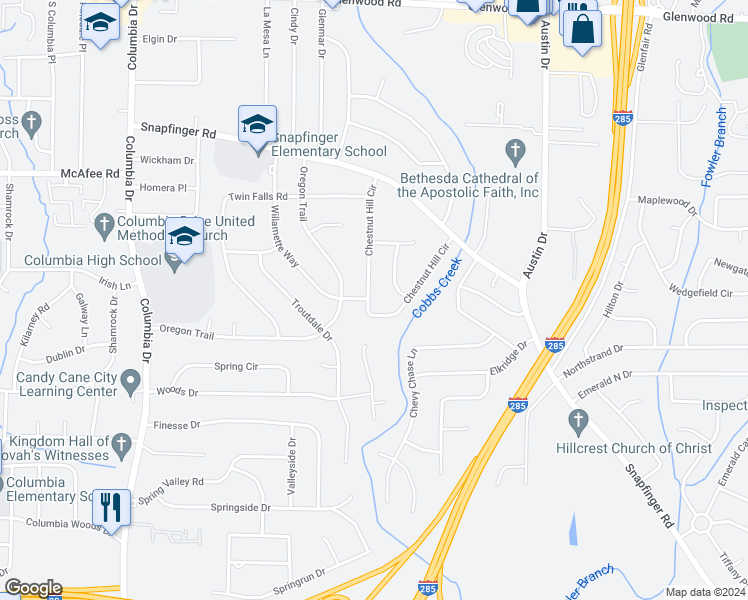 map of restaurants, bars, coffee shops, grocery stores, and more near 2136 Chestnut Hill Circle in Decatur