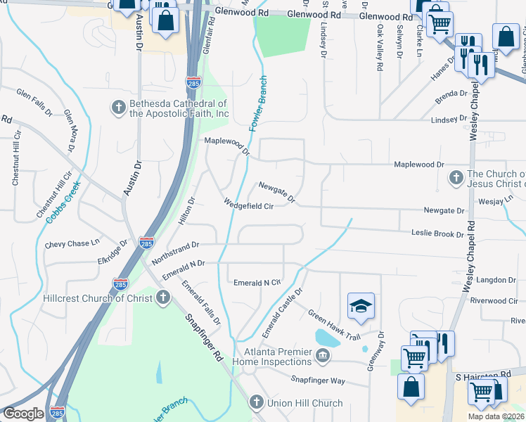 map of restaurants, bars, coffee shops, grocery stores, and more near 3973 Wedgefield Circle in Decatur