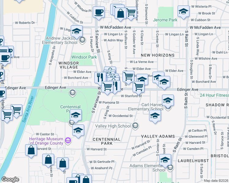map of restaurants, bars, coffee shops, grocery stores, and more near 2619 West Edinger Avenue in Santa Ana