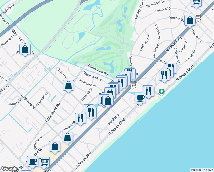 map of restaurants, bars, coffee shops, grocery stores, and more near 5005 Pine Lake Drive in Myrtle Beach