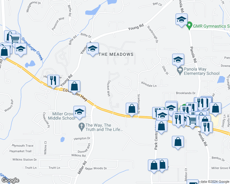 map of restaurants, bars, coffee shops, grocery stores, and more near 2133 Scarbrough Road in Stone Mountain