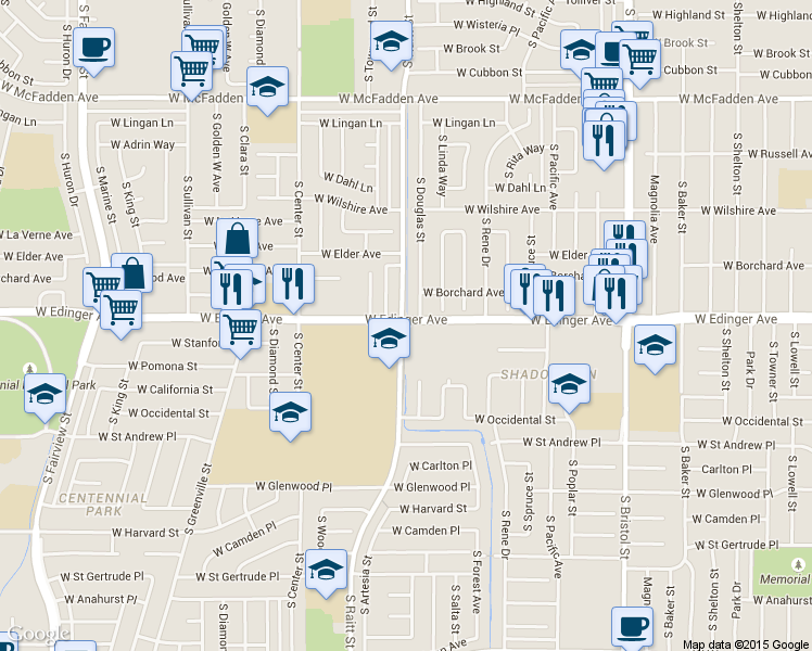 map of restaurants, bars, coffee shops, grocery stores, and more near 1426 South Douglas Street in Santa Ana