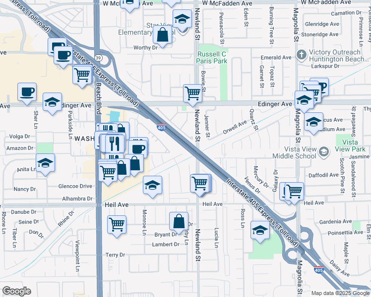 map of restaurants, bars, coffee shops, grocery stores, and more near 16001-16337 Newland St in Westminster