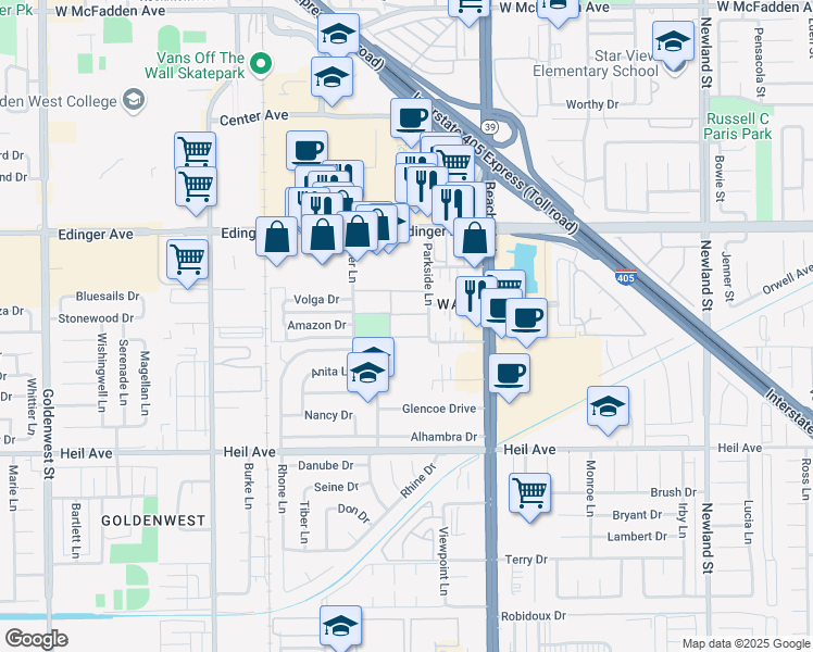 map of restaurants, bars, coffee shops, grocery stores, and more near 16211 Parkside Lane in Huntington Beach