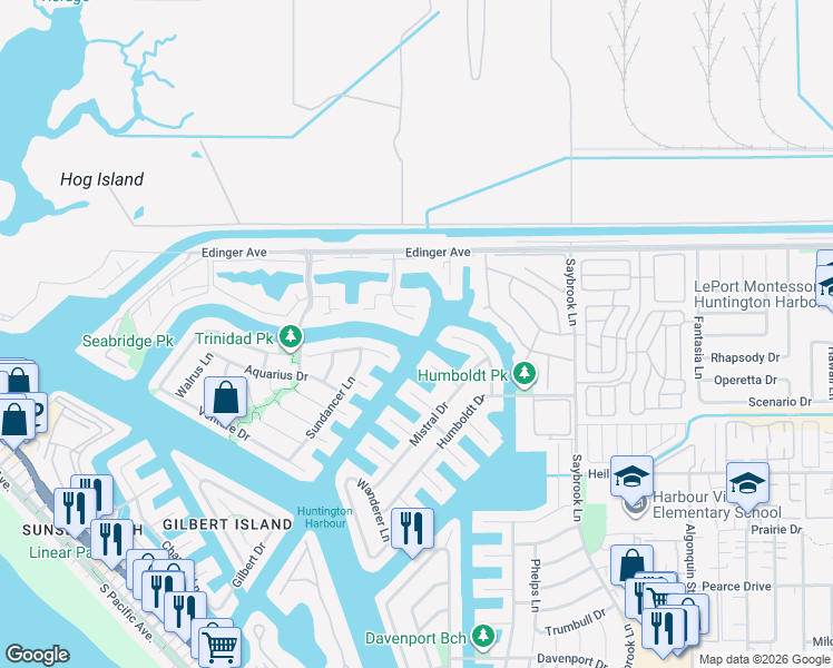 map of restaurants, bars, coffee shops, grocery stores, and more near 16172 Bimini Lane in Huntington Beach