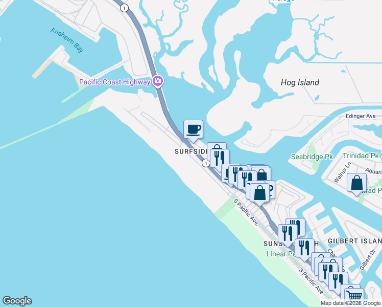 map of restaurants, bars, coffee shops, grocery stores, and more near in Huntington Beach