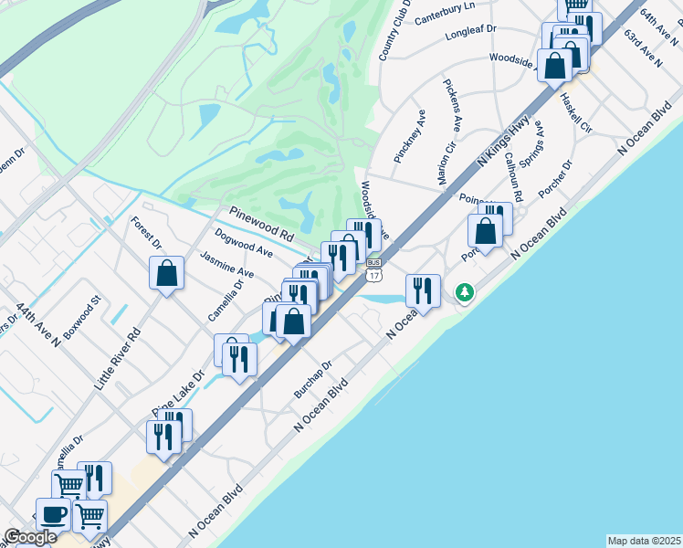 map of restaurants, bars, coffee shops, grocery stores, and more near 4D Pinewood Road in Myrtle Beach