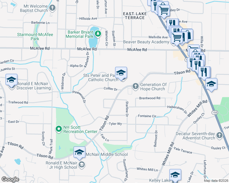 map of restaurants, bars, coffee shops, grocery stores, and more near 2360 Collier Drive in Decatur