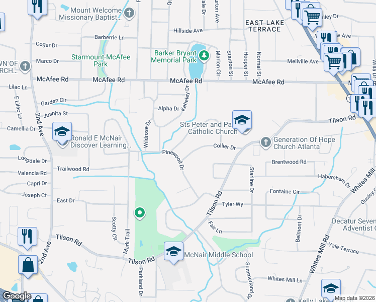 map of restaurants, bars, coffee shops, grocery stores, and more near 2271 Cresta Drive in Decatur