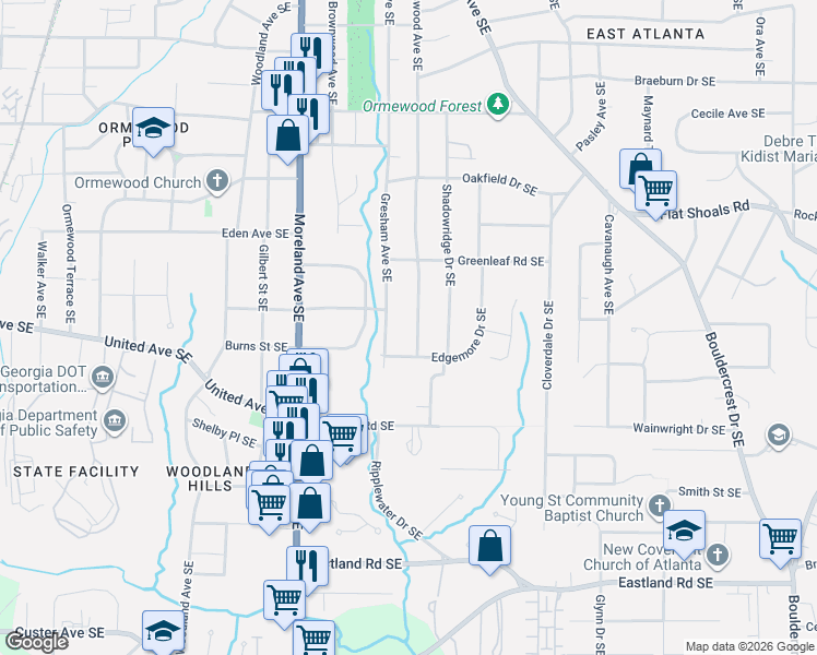 map of restaurants, bars, coffee shops, grocery stores, and more near 951 Stokeswood Avenue Southeast in Atlanta