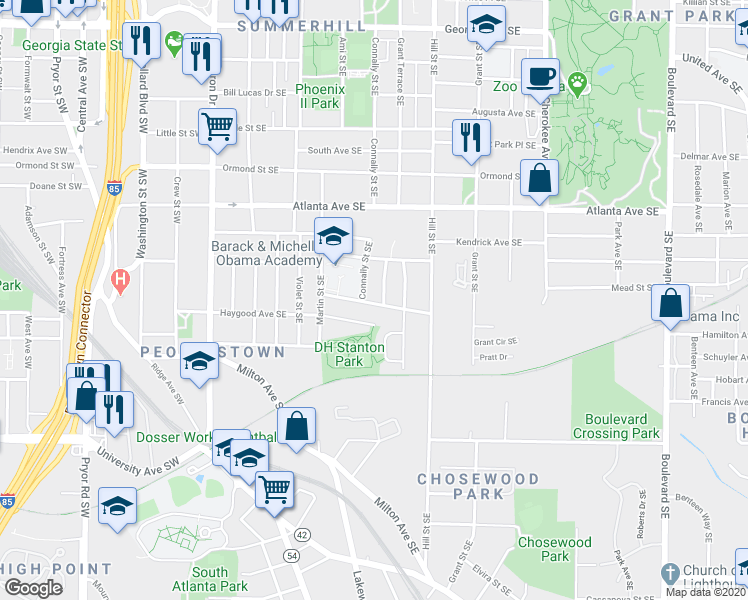 map of restaurants, bars, coffee shops, grocery stores, and more near 989 Farrington Place Southeast in Atlanta