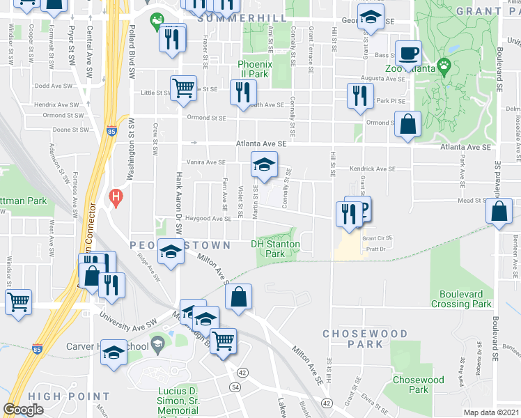 map of restaurants, bars, coffee shops, grocery stores, and more near 1006 Martin Street Southeast in Atlanta