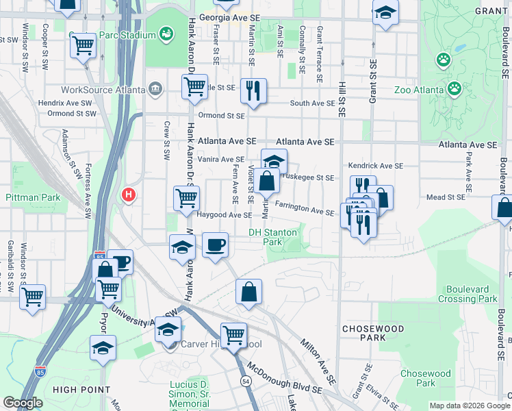 map of restaurants, bars, coffee shops, grocery stores, and more near 986 Violet Street Southeast in Atlanta