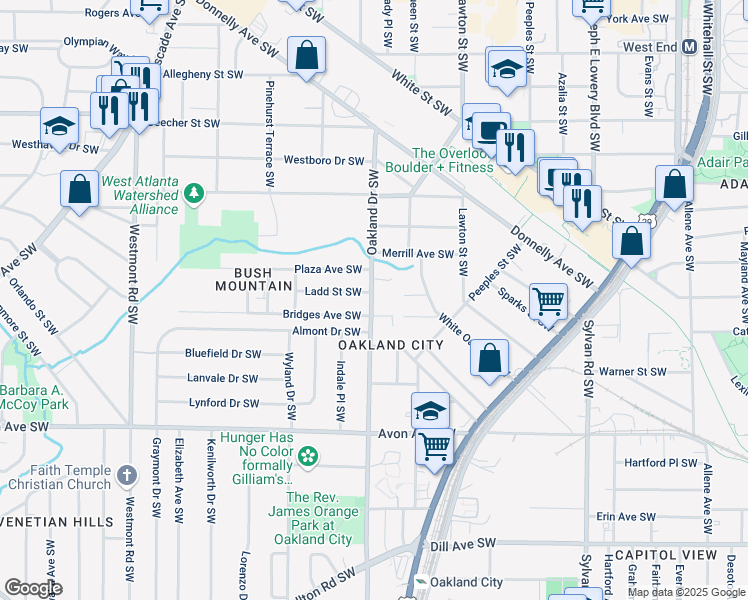 map of restaurants, bars, coffee shops, grocery stores, and more near 1009 Oakland Drive Southwest in Atlanta