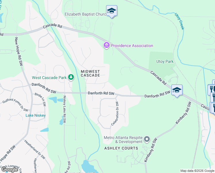 map of restaurants, bars, coffee shops, grocery stores, and more near 950 Regency Crest Dr SW in Atlanta