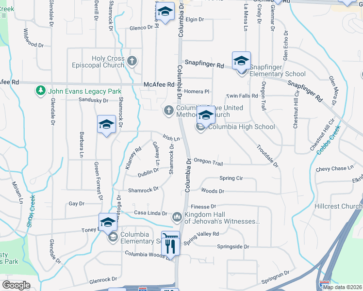 map of restaurants, bars, coffee shops, grocery stores, and more near 2131 Columbia Drive in Decatur