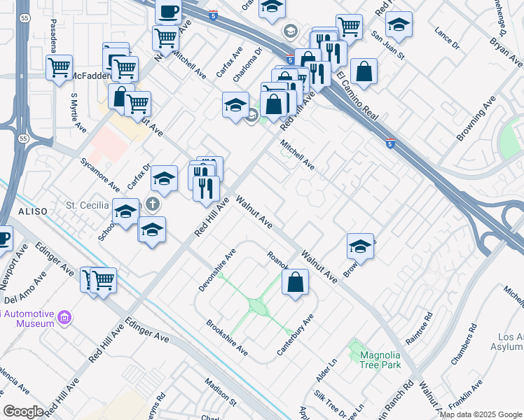 map of restaurants, bars, coffee shops, grocery stores, and more near 1626 Birchfield Drive in Tustin