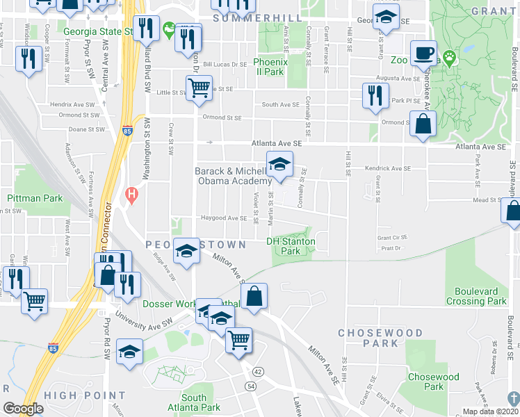 map of restaurants, bars, coffee shops, grocery stores, and more near 1006 Violet Street Southeast in Atlanta