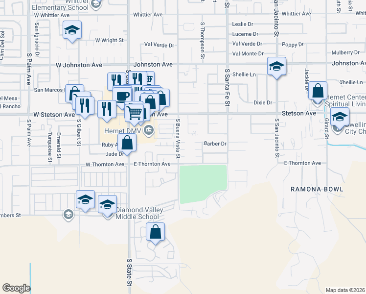 map of restaurants, bars, coffee shops, grocery stores, and more near 520 Palmer Drive in Hemet