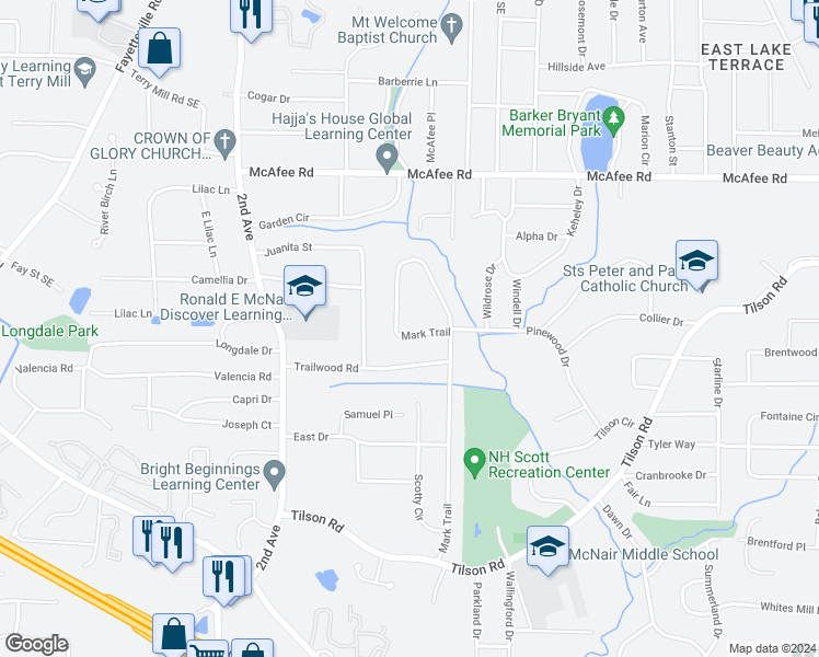map of restaurants, bars, coffee shops, grocery stores, and more near 1983 Mark Trail in Decatur