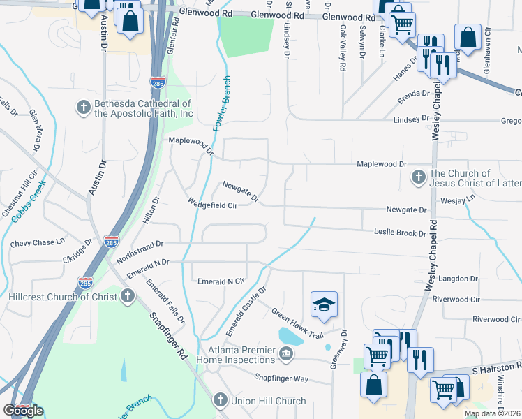 map of restaurants, bars, coffee shops, grocery stores, and more near 4016 Wedgefield Circle in Decatur