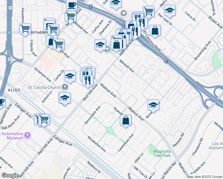 map of restaurants, bars, coffee shops, grocery stores, and more near 1626 Birchfield Drive in Tustin
